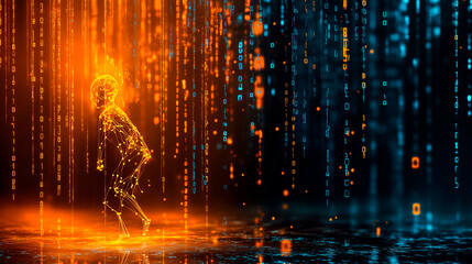 Digital binary code background with orange and blue numbers representing data technology or cyber security. Concept of advanced software development in digital age, motion blur background. 8K resoluti