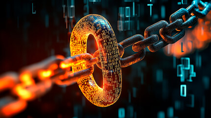 Digital binary code background with orange and blue numbers representing data technology or cyber security. Concept of advanced software development in digital age, motion blur background. 8K resoluti