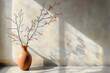© aekkorn - Branch in clay vase on the floor. Sunlight on concrete wall with copy space. Home interior background of living room.