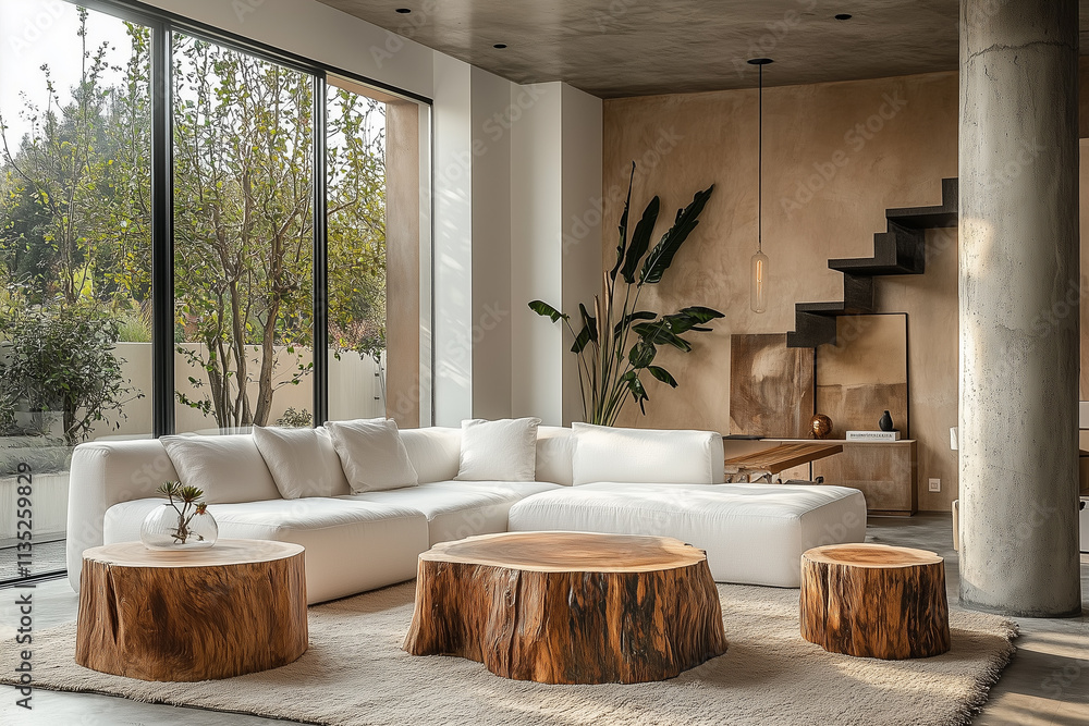 Tree stump coffee tables and white corner sofa in room with concrete ...