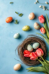 Colorful spring eggs and tulips arranged on a blue background for festive celebration