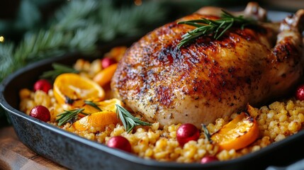 Poster - Roast chicken with stuffing and garnishes on a wooden platter for a festive dinner