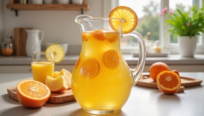 Fresh fruit punch in pitcher with citrus slices and vibrant colors on kitchen counter