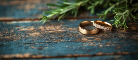 Poster - Gold wedding rings with diamonds on rustic wood with herbs.