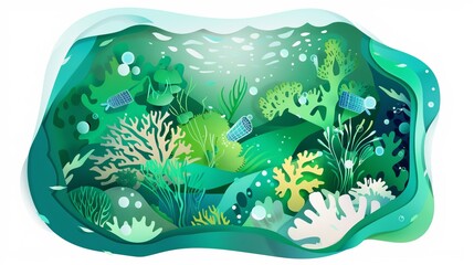 Wall Mural - A detailed illustration of a green underwater ecosystem with coral reefs thriving under the glow of bioluminescent solar-powered lights, set against a pure white background