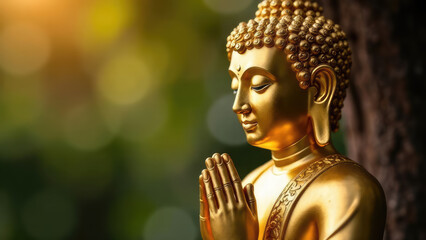 A golden Buddha statue is shown with hands in a prayerful gesture. Concept of: religious belief.