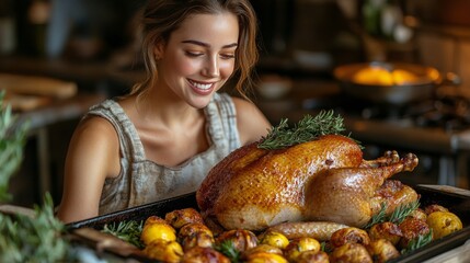 Poster - Smiling cook holds roasted turkey at festive kitchen during holiday preparations