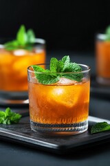 Wall Mural - Refreshing mint drinks served in glasses with ice on a dark background