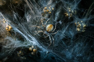 Spider in intricate web, dark background.