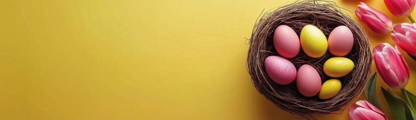 Colorful Easter eggs arranged in a nest with tulips on a yellow background