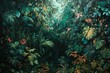 © jambulart - Lush tropical foliage, painted, vibrant greens, and coral flowers.