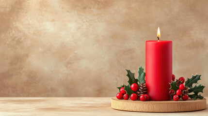 Wall Mural - red candle surrounded by holly and berries on wooden base, creating cozy atmosphere