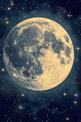 Sticker - A stunning digital illustration of a full moon glowing brightly against a dark starry sky, showcasing its craters and surface details in a mystical atmosphere.