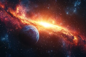 Wall Mural - a stock banner with a fantasy and sci-fi theme, depicting a glowing universe, planets, outer space, 