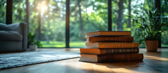 Poster - Stack of books by a window in a sunlit room.