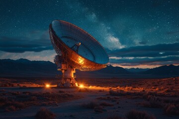 Wall Mural - An astronomical radio telescope is aimed at the sky, with its antenna rotating as part of space science research.
