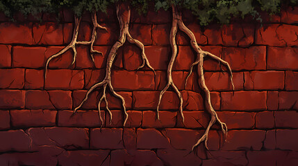 Poster - Red brick wall with textured mortar and tree roots growing out of the cracks, tree root, wall, aged, overgrowth. Overgrowth. Illustration