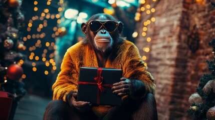 Wall Mural - ultra realistic photography full body shot of a chimpanzee wearing an oversized outfit and sunglasses, at a Christmas party , holding a black gift box, party vibes