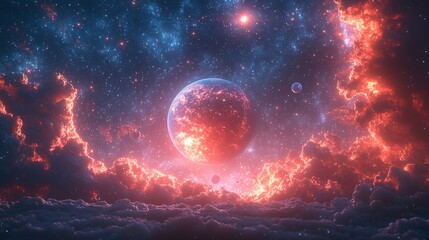 Wall Mural - a vivid cosmic scene with three planets and a star.