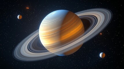 Wall Mural - saturn, a planet in deep space with rings and moons, is isolated against a black background.