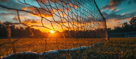Wall Mural - Sunset view through soccer goal net.