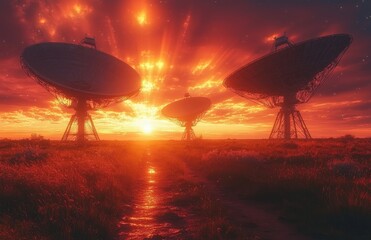 Wall Mural - Four large radio telescope dishes stand out against an evening sky filled with clouds, with one dish sharp in focus and the other three blurred in the background.