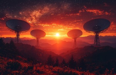 Wall Mural - Against a cloudy evening sky, the silhouettes of four large radio telescope dishes are visible, with one dish in sharp focus and the remaining three blurred behind it.