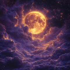 Wall Mural - stars and planets surround a big purple moon.