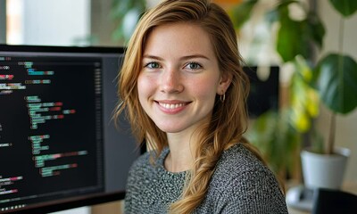 Smiling female programmer with long hair, working at a computer with code displayed on the screen.