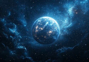 Wall Mural - a planet hidden behind star clusters and nebulae, with the sun shining in the vastness of space, a p