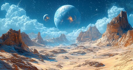 Wall Mural - a panoramic view of a distant galaxy system in space, featuring a fantasy universe background, creat