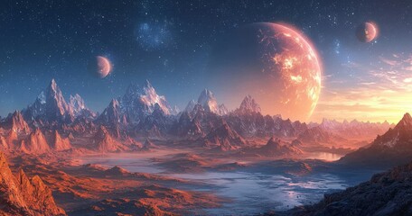 Wall Mural - an illustration of a faraway planetary system in space, showcasing a galaxy panorama, set against a 