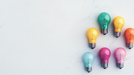 Wall Mural -   A collection of vibrant light bulbs resting atop a white table adjacent to one another on a white background