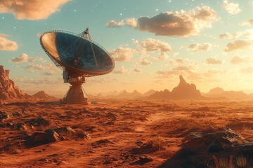 Wall Mural - A radio telescope aimed at the sky, with the antenna rotating for space science in astronomy.