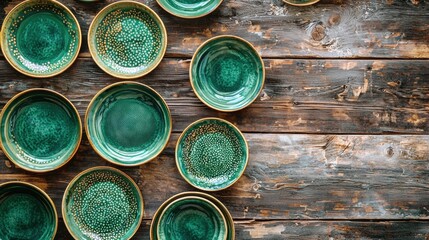 Wall Mural - A New Year celebration table with green and gold plates on a rustic wooden base photorealism minimalism