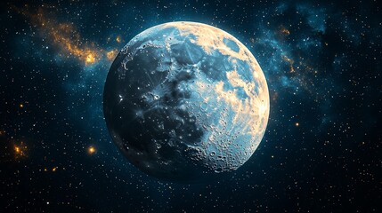 Wall Mural - a big blue and gold moon is encircled by a ring of stars.