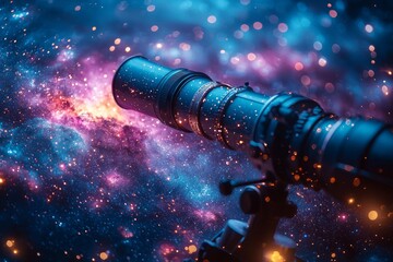 Wall Mural - under a star-filled sky, a telescope on a tripod stands ready for solar system exploration and space