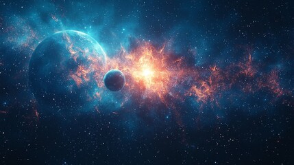 A vibrant cosmic setting featuring three planets and a sun.