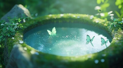 Wall Mural -   Butterflies on a water body amidst a green forest