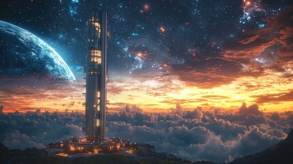 Wall Mural - a concept of a space elevator extending into the stars, representing cutting-edge progress in space 