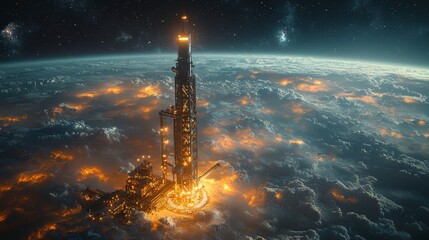 Wall Mural - a space elevator idea, stretching towards the stars, embodying futuristic developments in space tech