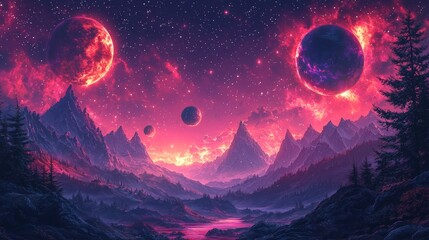 Wall Mural - a vivid cosmic landscape with various planets and stars.