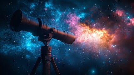 Wall Mural - a classic telescope aimed at a colorful nebula in the universe.
