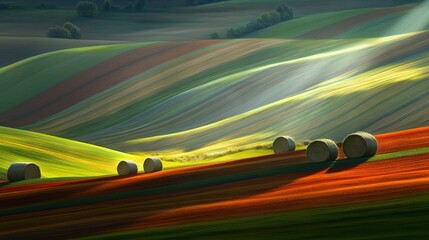 Sticker -   A painting of rolling fields with hay bales in the foreground and sunbeams in the background is a beautiful image that captures the beauty of nature