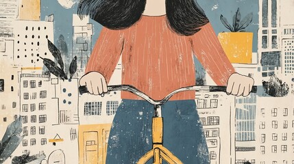 Woman riding a bicycle in a city.