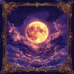 Wall Mural - surrounded by stars and planets, a big purple moon shines brightly.