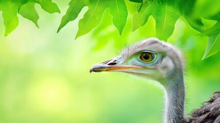 a close-up of an ostrich's head beneath a tree branch, surrounded by green leaves