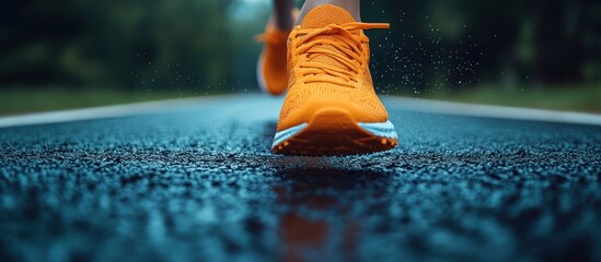 close-up of runner's orange shoes on wet asphalt road.