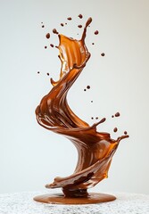 Wall Mural - Spiral chocolate liquid splash on a white background, hyper-realistic photography