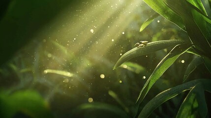 Poster - sun shining through leaf-covered plant in field surrounded by green grass